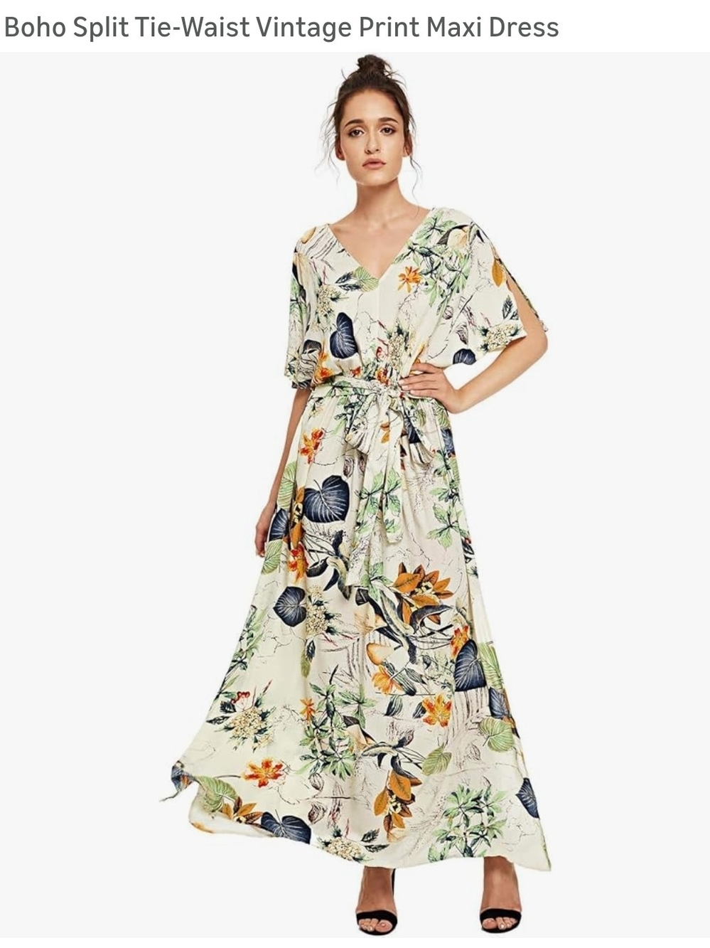 Amazon Cream Floral Boho Tie-Waist Maxi Dress with Navy and Green Accents